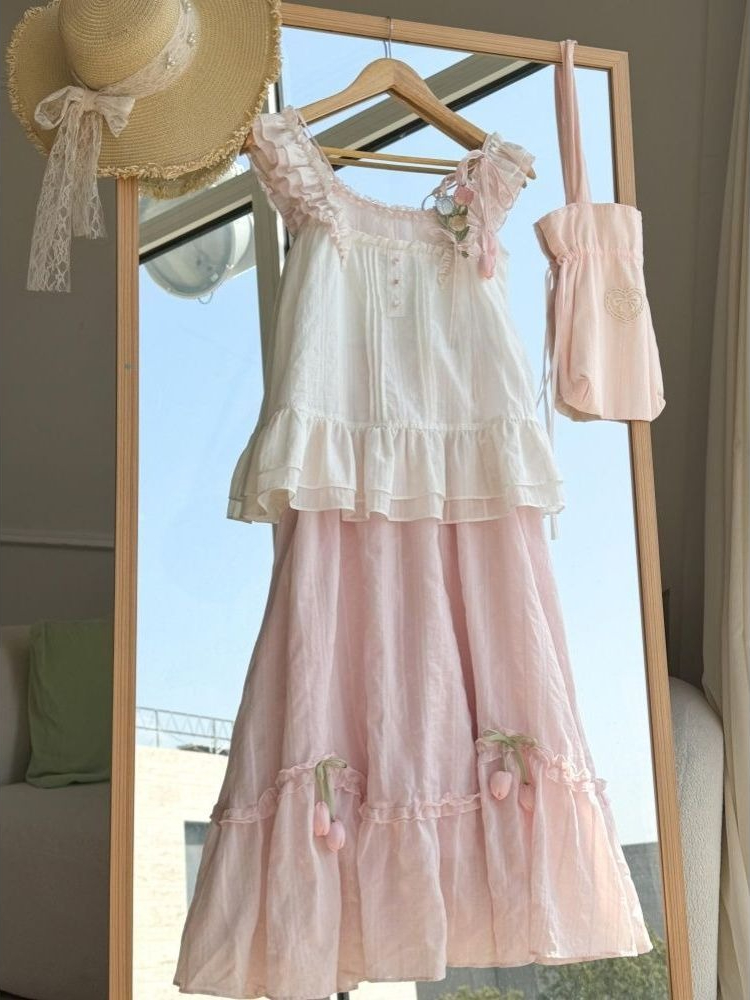 Sweet Kawaii Ruffle Trim Tulip - Cami Top Lace ulasan dan harga
